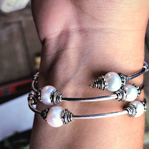 Boho Silver Tone Real Pearl Wrap Bracelet - Picture 3 of 4